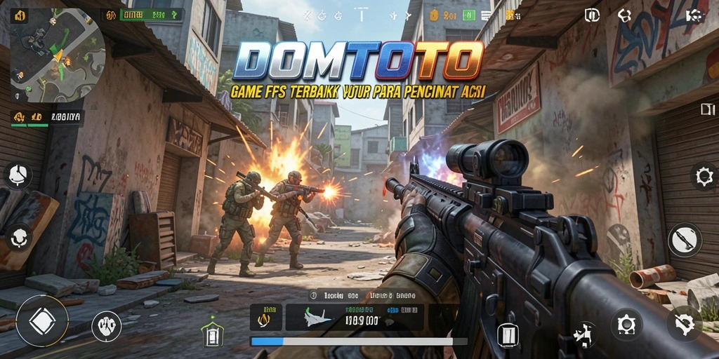Screenshot gameplay DOMTOTO yang menampilkan aksi tembak-menembak yang intens.