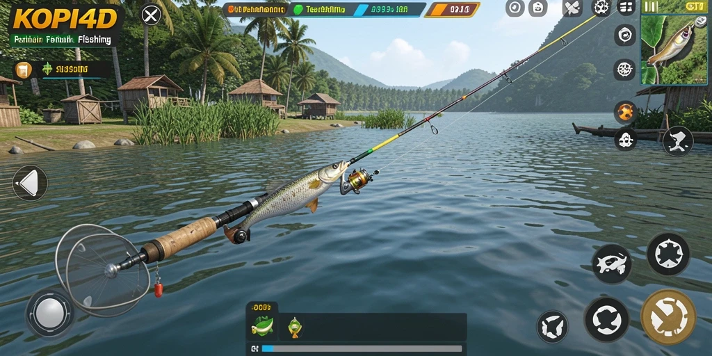 Tampilan gameplay KOPI4D saat menangkap ikan di lokasi yang indah.