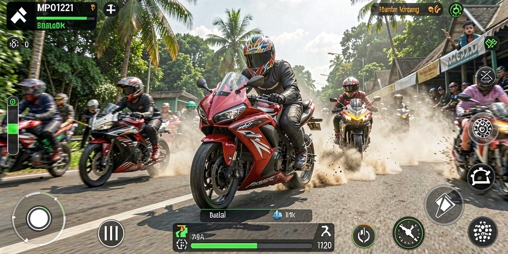 Screenshot gameplay yang menampilkan aksi balapan motor yang mendebarkan.