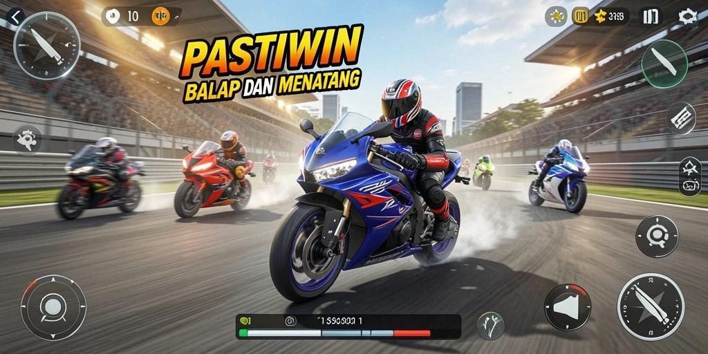 Tampilan gameplay seru dalam PASTIWIN dengan balapan motor yang cepat.