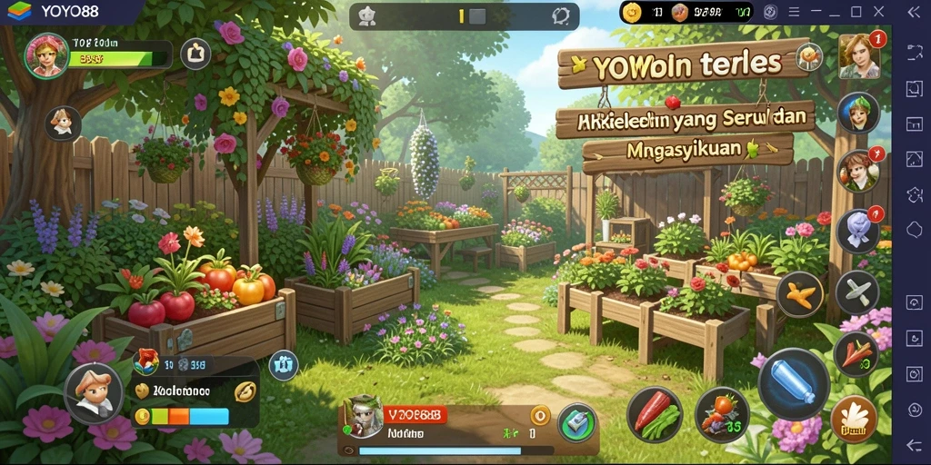 Screenshot gameplay dari YOYO88 menampilkan ladang yang subur dan aktivitas berkebun.